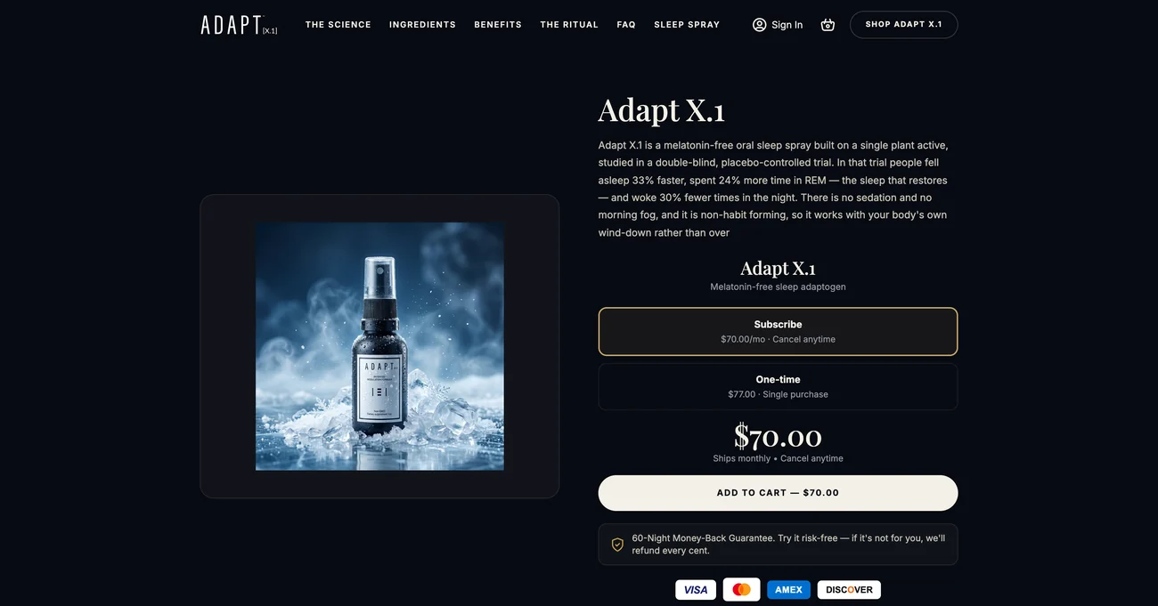 Adapt X.1 product page: the bottle, subscribe and one-time options, the price and an add-to-cart button
