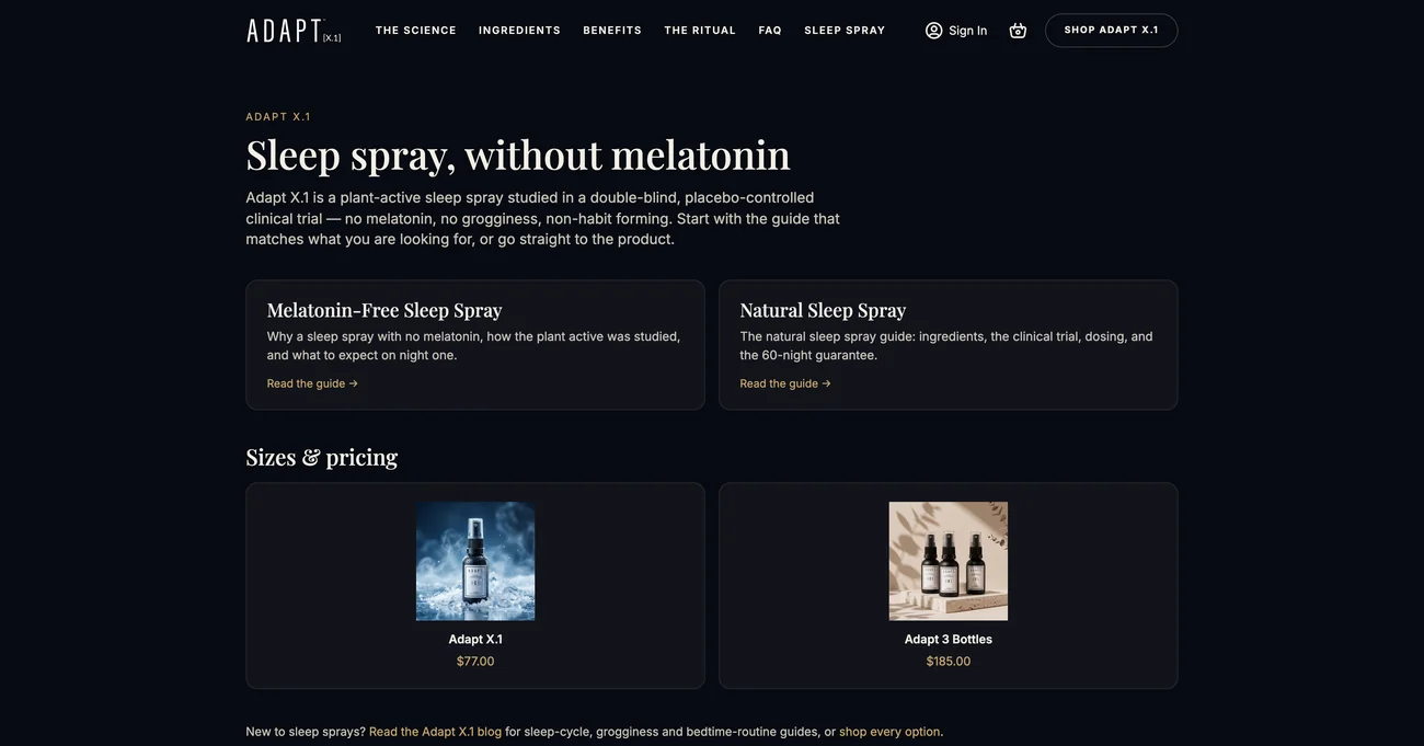 Adapt X.1 sleep spray page with two guide cards and the sizes and pricing cards