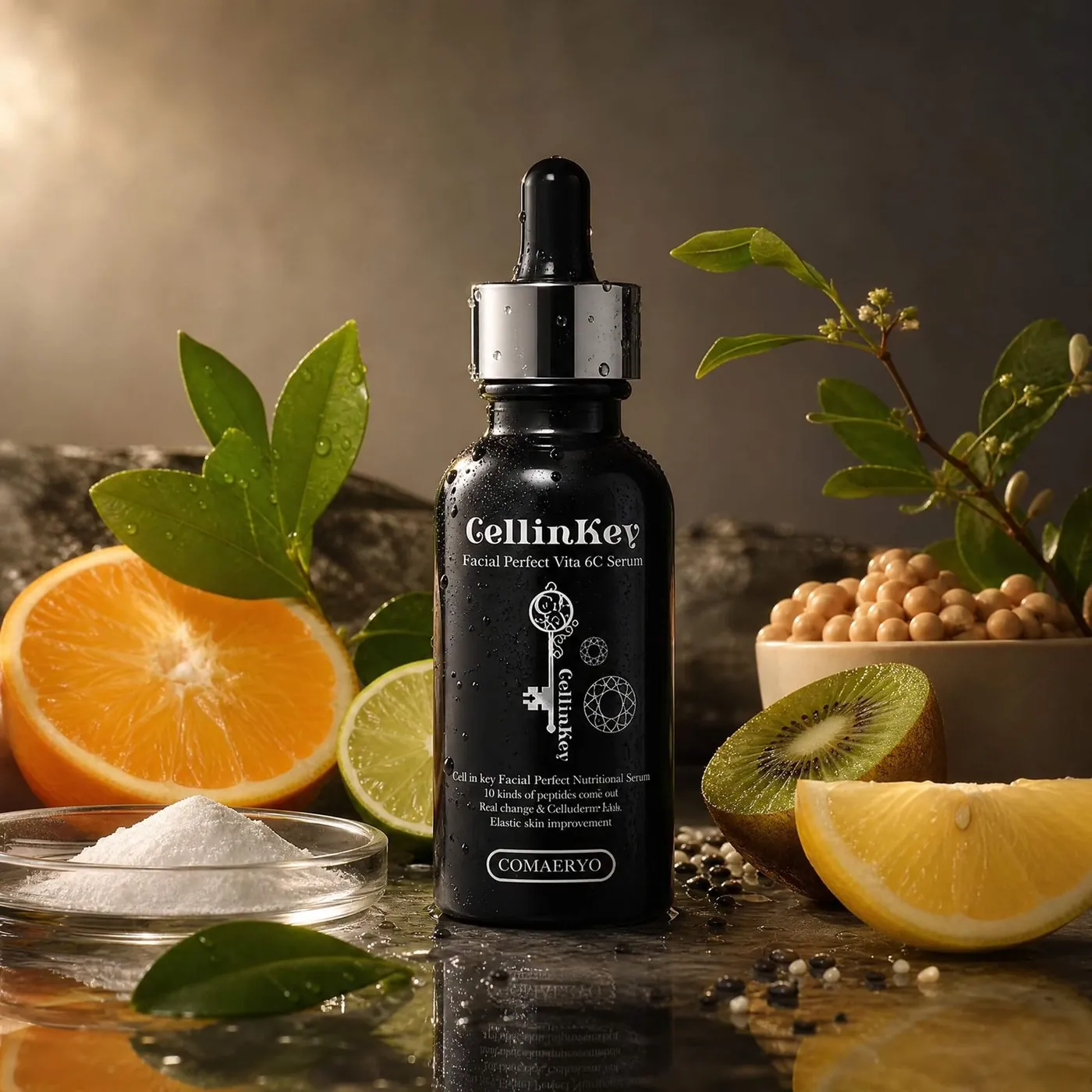 Serum still life with citrus