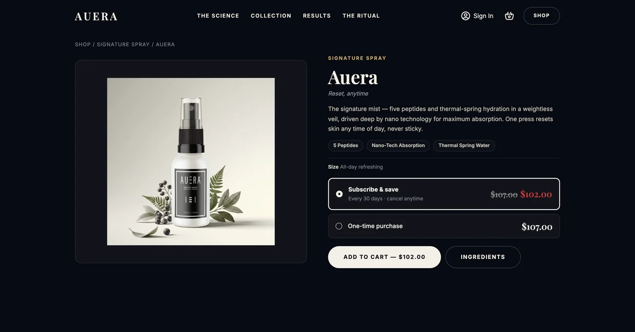 AUERA product page for the signature spray, with subscribe-and-save and one-time options