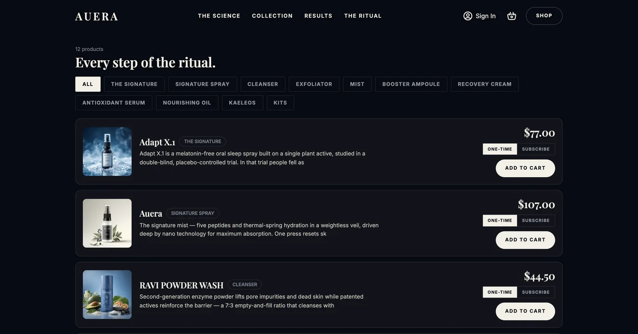 AUERA shop page listing the range, with category filters