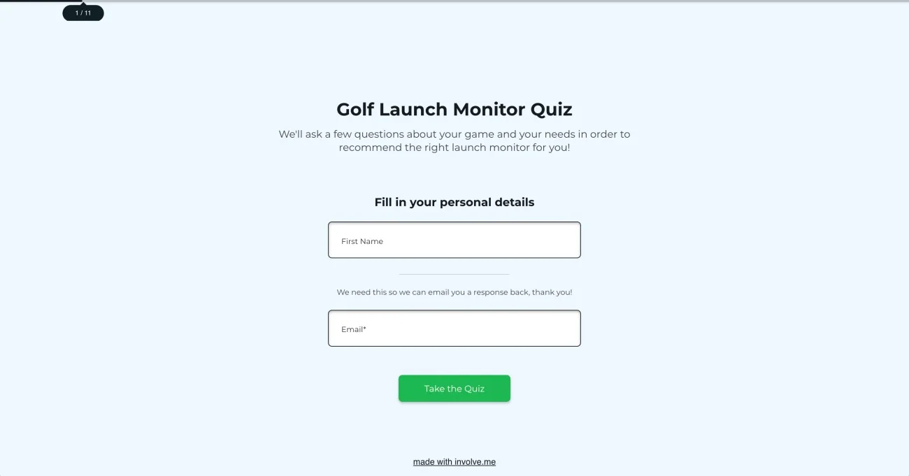 Golfible launch monitor quiz asking for a first name and email