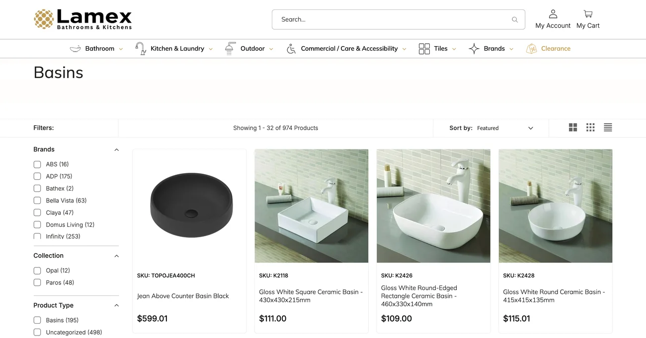 Lamex Basins collection page with brand filters and a grid of basins showing SKUs and prices