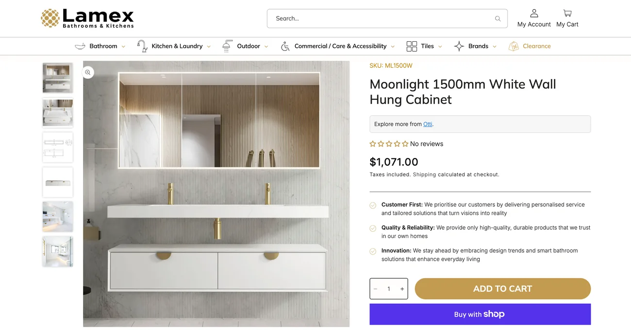 Lamex product page for the Moonlight 1500mm White Wall Hung Cabinet, with its image gallery, price and Add to cart button