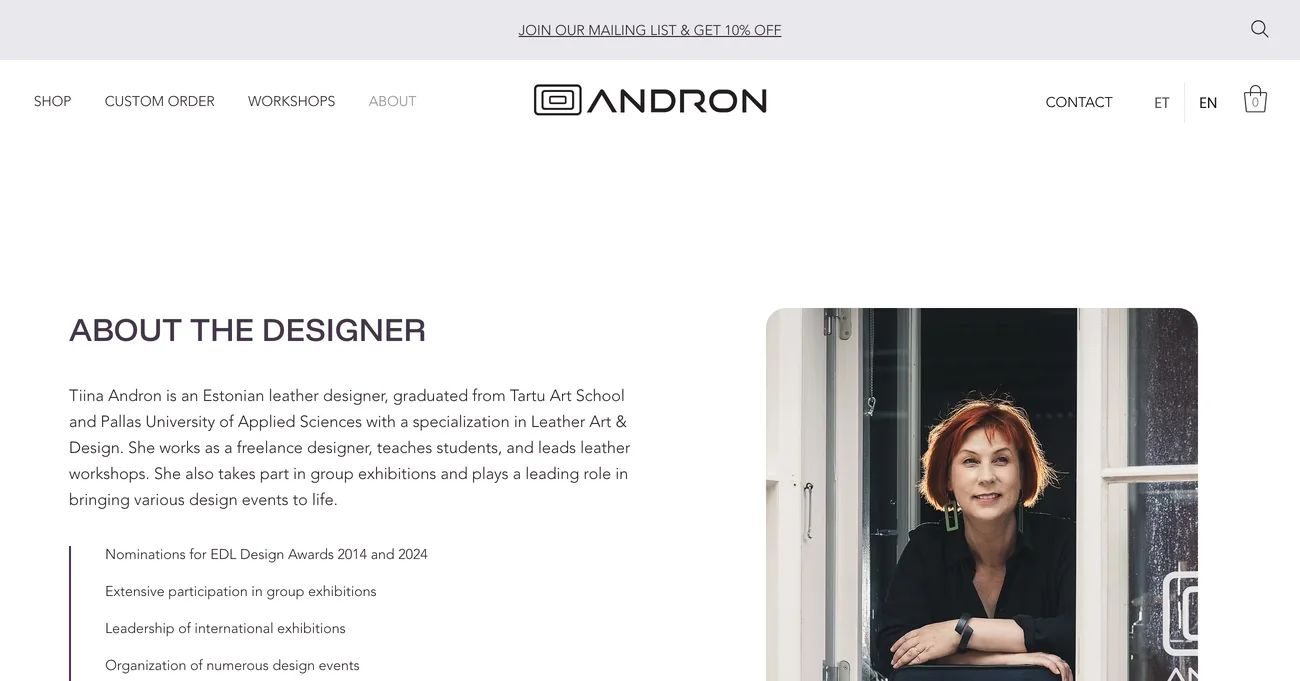 Tiina Andron site, About the Designer page in English, with the language switch set to EN