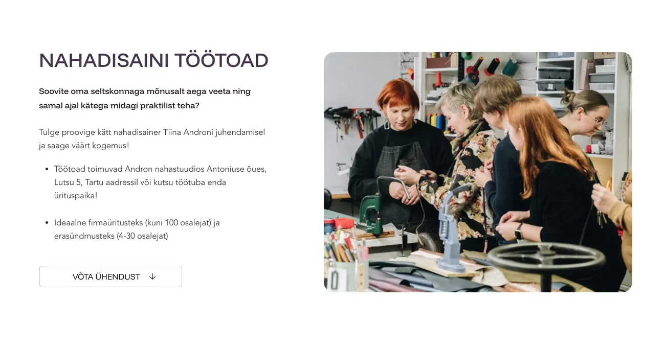 Tiina Andron site, leather design workshops page in Estonian, with a photo of a workshop