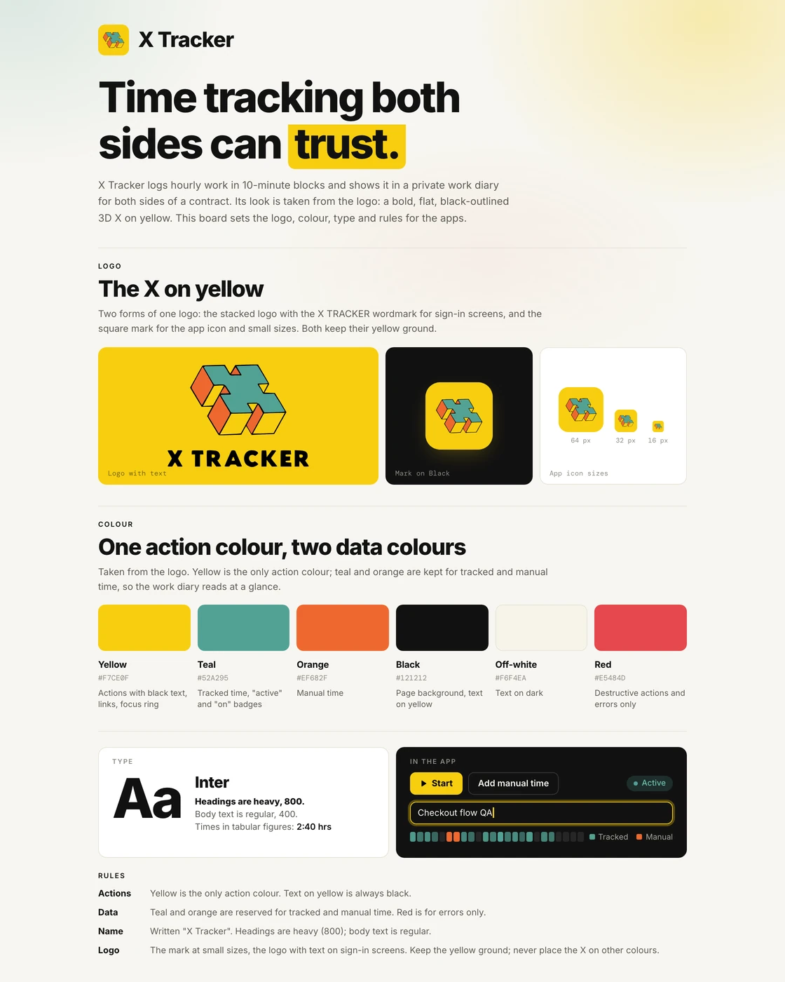 X Tracker brand board: the logo with text and the app icon on yellow, the six colours with their roles, Inter type and the rules
